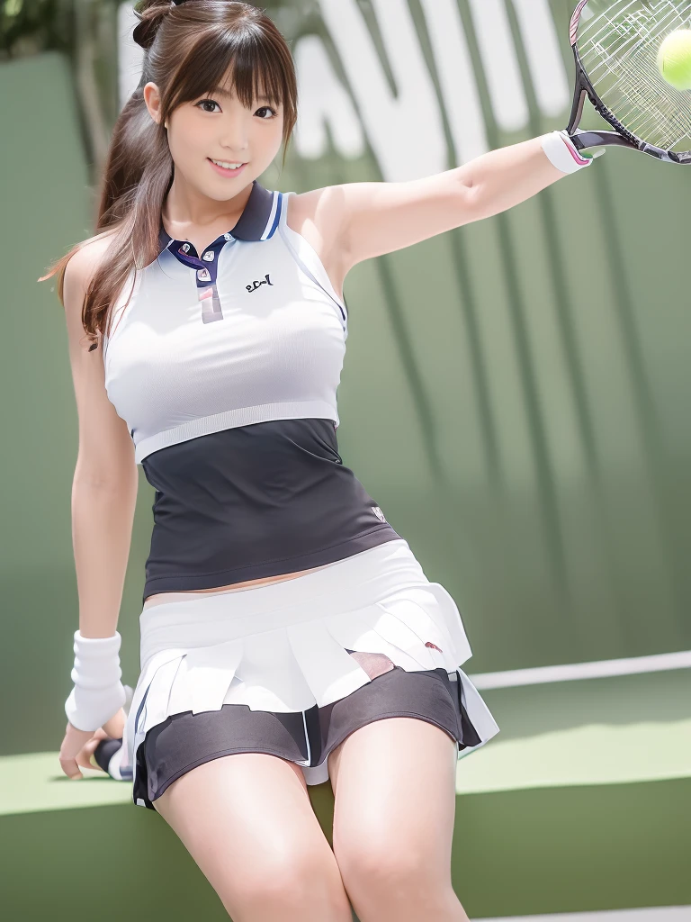 (((Masterpiece，highest quality，Highest quality，8K))),((Ultra-high resolution，Extremely detailed，detailed)，Hyper Quality，Beautiful Japanese woman in tennis wear, Female college student，tennis Club，gal，Detailed body line，Tennis court，tennis racket，Tennis ball，smile，Beauty，sexly，glamorous，tall，Bright brown hair，ponytail,Large Breasts,g-cup,Tight waist，BIG ASS,Sun visor,Sleeveless polo shirt worn next to bare skin(See-through fabric)，mini skirt(See-through fabric)，Knee-high socks，Skirt flip, (A female college student practicing in the tennis court.)