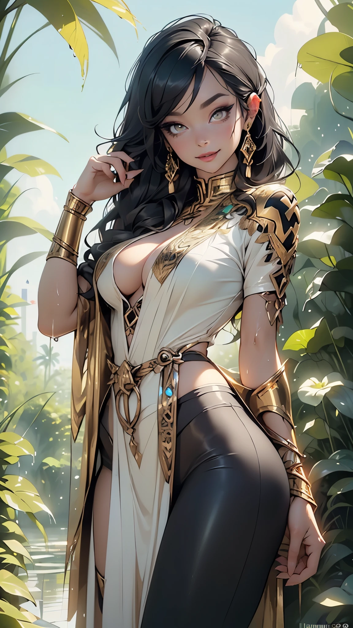 woman from ancient Egypt,1female,((milf,mom,mature,mature woman,45 years old female,adult)),
(large breasts:1.5),saggy breasts,(((black hair:1.4,straight hair,long hair:1.4,colored inner hair))),(((gold_eyes:1.3))),intricate eyes,beautiful detailed eyes,symmetrical eyes,((((dark skin:1.4,lustrous skin:1.5,bright skin: 1.5,skin tanned,shiny skin,very shiny skin,shiny body)))),(spider lower abdomen,narrow waist,wide hip,bimbo body,inflated legs,thick thighs),(((detailed face))),beautiful detailed lips,
(cute,slutty,sensual,seductive look,seductive,((erotic)),opulent,sumptuous,(((nsfw)))),
revealing clothing,show skin,cleavage,(barefoot,),A woman with a staff, goddess,shaman witch,she is dressed in shaman clothes,holding a goat head staff,female shaman,attractive tiefling druid,pagan goddess,female druid,druid goddess,female revenant,alluring tiefling druid,The skull of her hips,((eyeshadow,egyptian makeup,eyelid makeup,gold lips,gold lipstick)),(((wet clothes,intricate outfit,intricate clothes))),
dynamic and seductive pose,looking at viewer,(smirk,beautiful smile),centered,scale to fit dimensions,Rule of thirds,
outdoors,overgrown,(overgrown background,glowing crystals,bioluminescent plant),scenery,extremely scenery,((glowing crystals,bioluminescent plants))),(puddles everywhere,moss,moss on the background),clouds,lily pads,palms,reeds,(sunset, golden hour),
(Glossy Egyptian ornaments),highres,sharp focus,(ultra detailed,extremely detailed),(photorealistic artwork:1.37),(extremely detailed CG unity 8k wallpaper),(((vibrant colors,vibrant theme))),(intricate),(masterpiece),(best quality),artistic photography,(photography taken by sldr),(intricate background),perfect rendered face,perfect face details,realistic face,photo realistic,((intricate detail)),(((realism))),