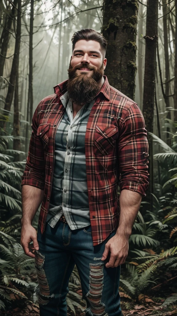 lumberjack with a large beard, well-cut hair with white streaks, wearing a long-sleeved red plaid shirt, ripped jeans, full body, crouched, looking forward, smiling, in a paradisiacal forest. high definition photo, 8K image, kodak, Nikon.