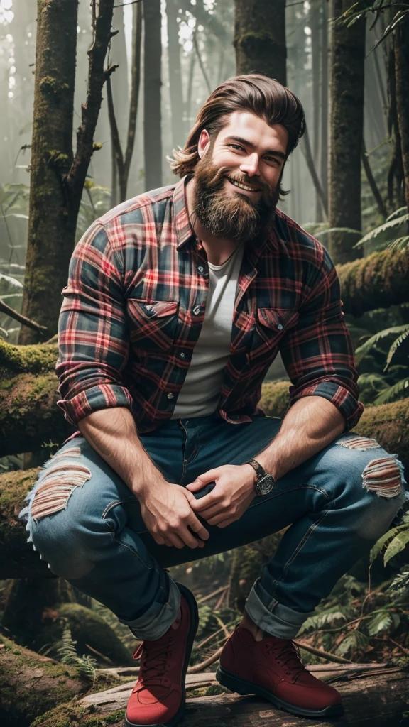 lumberjack with a large beard, well-cut hair with white streaks, wearing a long-sleeved red plaid shirt, ripped jeans, full body, crouched, looking forward, smiling, in a paradisiacal forest. high definition photo, 8K image, kodak, Nikon.