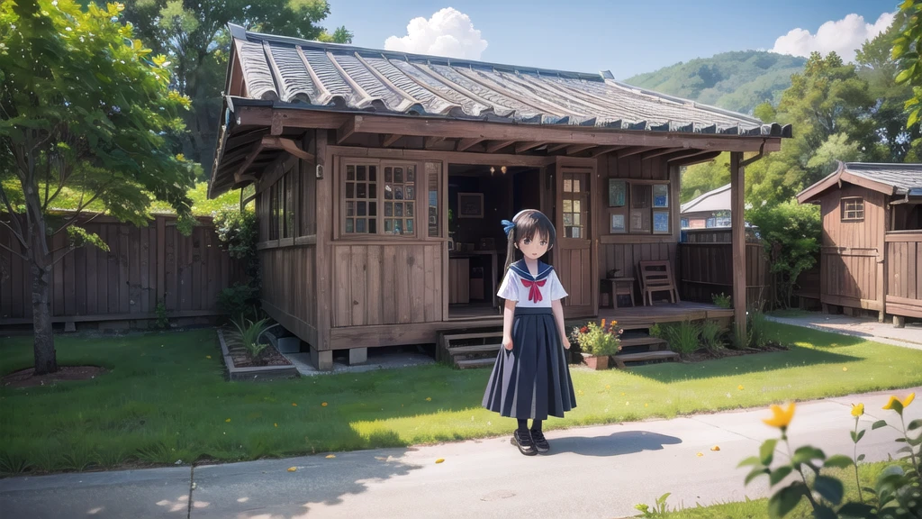 (masterpiece), town, blue sky, One Girl, smile, alone, Sailor suit、Long skirt, Overgrown, petal, plant、Skirt lining、Translucent slip、Nostalgic