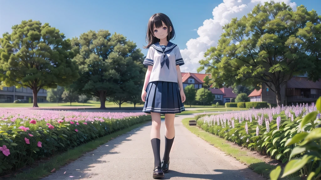 (masterpiece), town, blue sky, One Girl, smile, alone, Sailor suit、Long skirt, Overgrown, petal, plant、Skirt lining、Translucent slip、Nostalgic