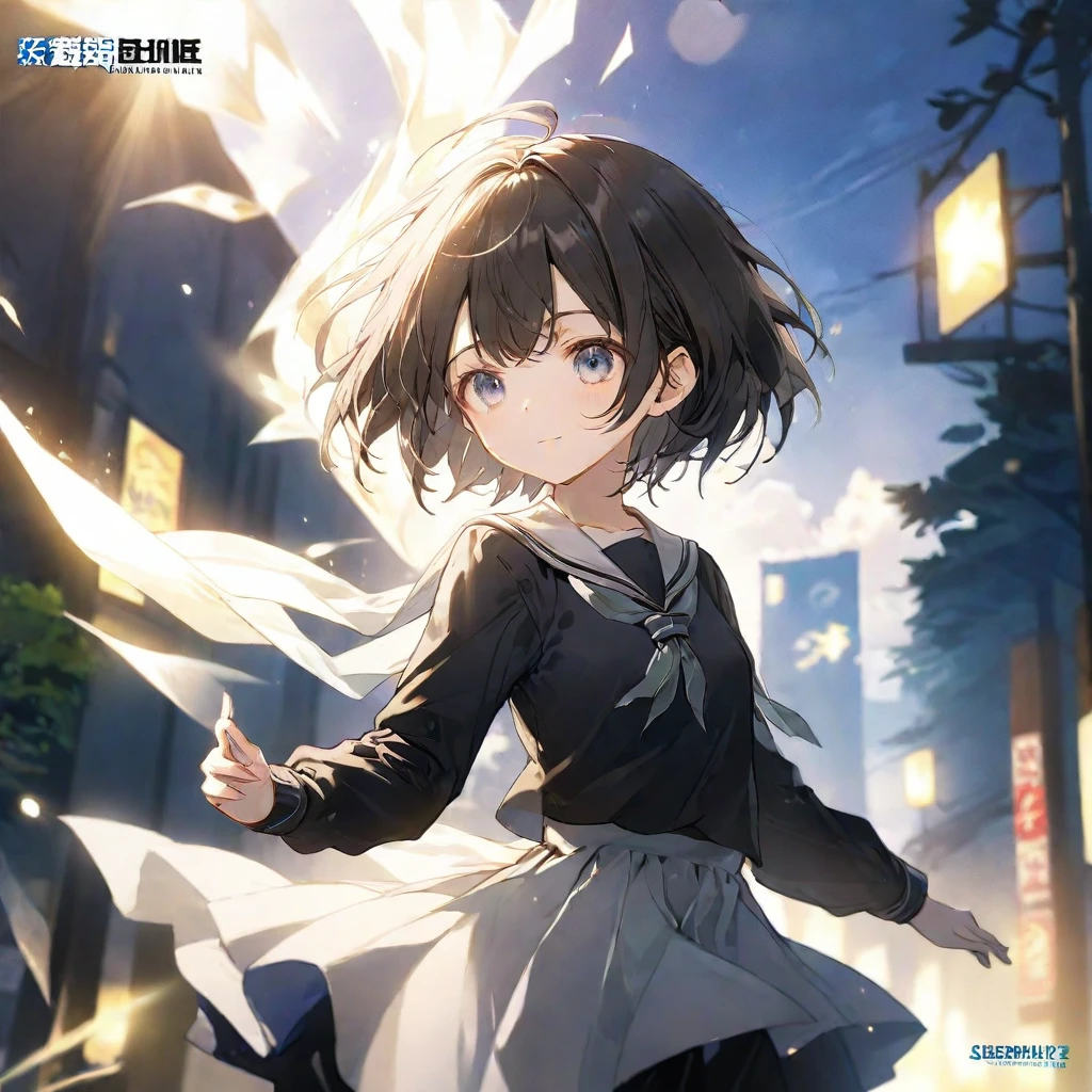 Top quality, official art, absurdres, highres, waifu2x, break,1girl, school girl, short hair, small breasts, beautiful detailed eyes,sleepily, outdoors, wind, break,(clear line illustration:1.2),very high resolution, very aesthetic, super detailed skin, Best cinematic lighting powered by famous artist, 8k,beauty illustration,photoshop_(medium),,(Detailed Lighting),