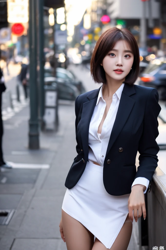 a 20 year old face of the most beautiful actress in the world, the perfect body proportions of a female, tight blazer is worn with formal shirt on female upper body, panties of female crotch between bare legs under short skirt are seeable just a little, the short hair cut for a female, standing, at the city street, nsfw, best quality, highly detailed, masterpiece, ultra high res, photo realistic, 8k