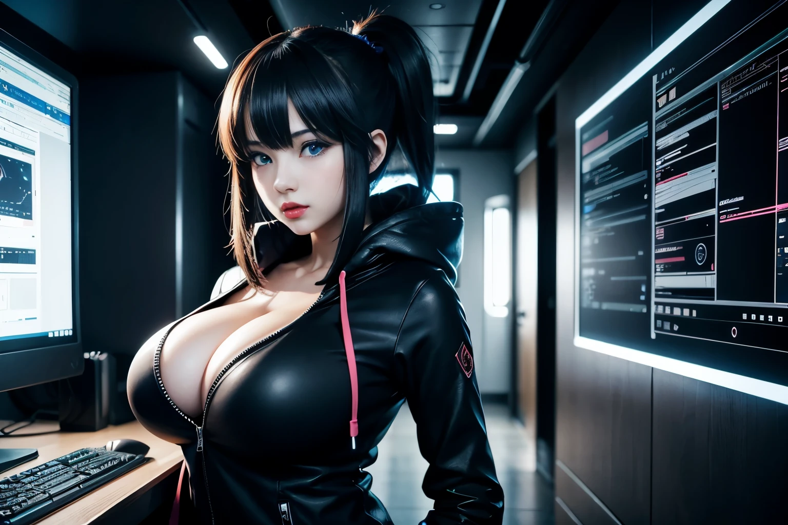 hacker girl hot thick red lips. Extremely detailed 4k eyes and detailed face, anime of beautiful blue eyes dressed in black and blue standing in a hacker's room, with computers anime style 4k, anime portrait of a space cadet girl, anime moe art style of (big breasts), breasts , fascinating thighs. animated style. 8k, stylized anime, cyberpunk anime girl with hoodie, best konachan 4k anime wallpaper, stylized anime, unknown art style, 3d anime style, 2d illustration