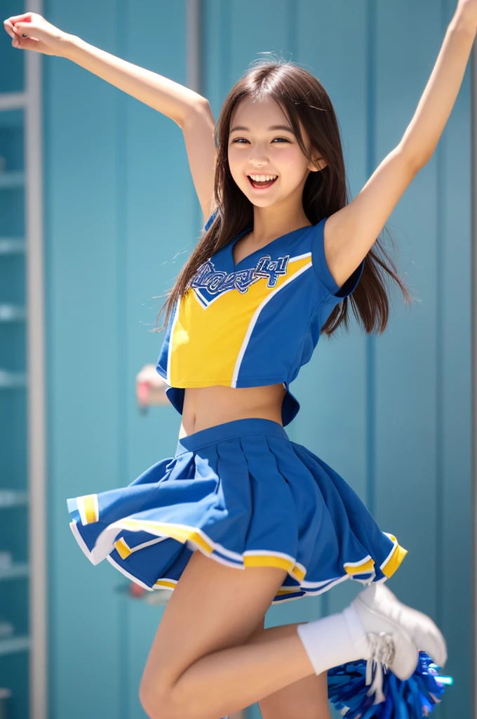 (((top-quality, 8K, photographrealistic:1.4, ​masterpiece, realistic, photographic, photo))), Back light, Highly detailed facial texture girl, 18years old, childlike, (((Blue Cheerleader:1.2))), ((Bathroom Background:1.2)), with arms up, A smile, open mouth, blown hair and short hair, Parted sleeves, bare shoulders​, Center opening, flat chest, AAA cup, ribbon, cute, beautiful, sexy navel, detail, jumping girl, having pompon