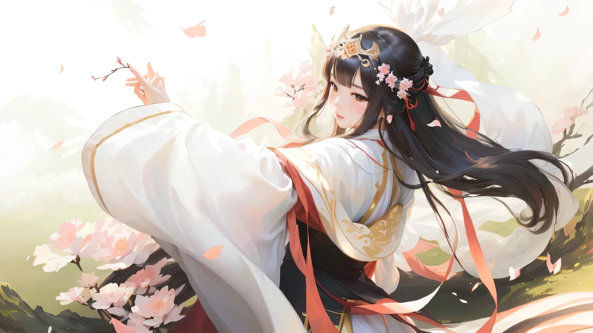 A woman in a white dress、Close up of lady wearing red ribbon, Full body fairy, palace ， Girl wearing Hanfu, heise jinyao, Long flowing hair and robes, Full body martial arts, Inspired by Ma Yuanyu, Chinese Princess, Onmyoji detailed art, ((Beautiful fantasy queen))