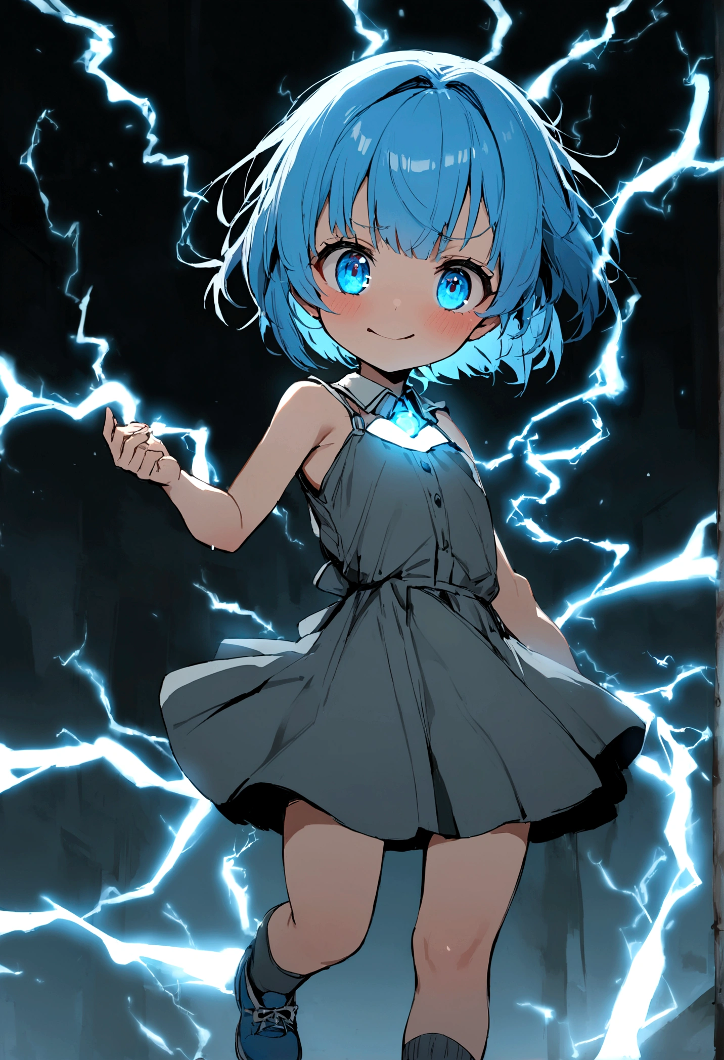 1girl, li, glowing light blue eyes, very short hair, glowing light blue hair, gray dress, light blue shoes, gray socks, electricity, nervous smile,