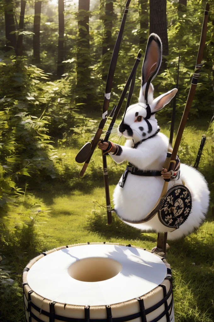 an anthropomorphic white and black spotted rabbit dressed as Robin Hood playing a giant tanggu drum, masterpiece, best, photo realistic