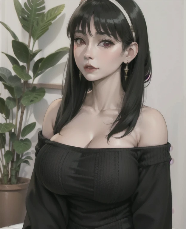 Mature woman,Your wild rose,(Long side lock ,short hair, short hair with long locks:1.2), Number of hits,Black skirt,Red Eyes,Gold earrings,Off-shoulder sweater, Red sweater,clavicle, Black , Straight Hair,Mature woman  (((Full and soft breasts,)))(((Huge breasts))) (((Cleavage))),Black pantyhose , [Thick thighs]