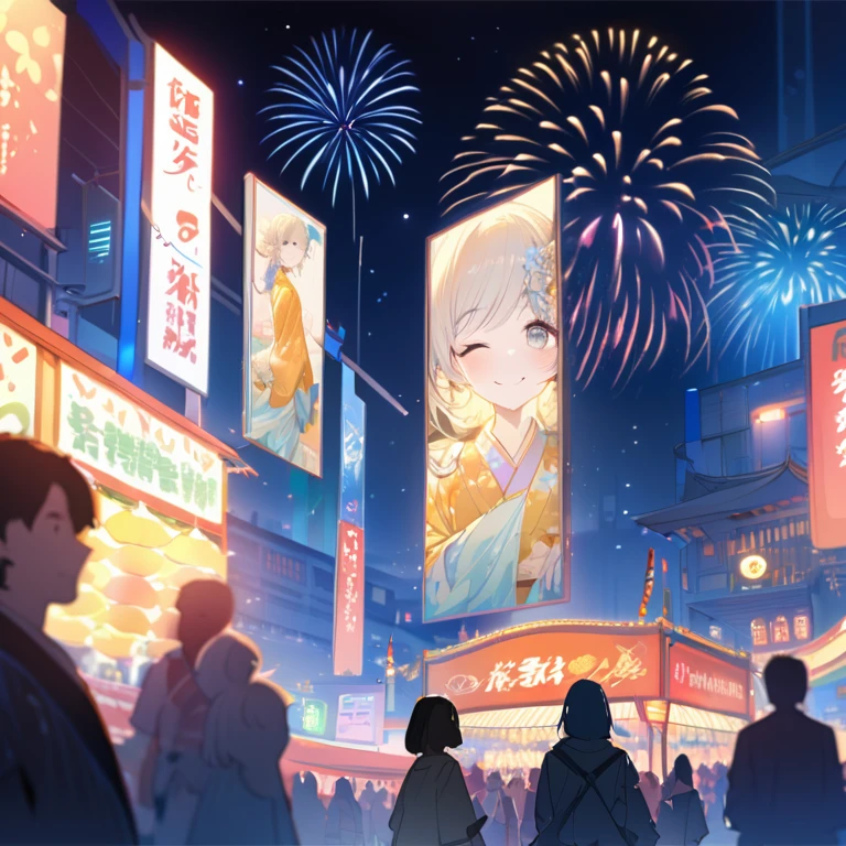 (best quality,8k,highres, masterpiece:1.2), (anime style),ultra-detailed, HDR, UHD, studio lighting, ultra-fine painting, sharp focus, physically-based rendering, extreme detail description, professional, vivid colors, bokeh, portraits, concept artists, warm color palette, dramatic lighting,Summer festival night,1 beautiful woman,(blue flower pattern kimono),updo, big smile, closed eyes, (The cityscape lined with the fairs of summer festivals),(beautiful hair, glowing skin,),(Silhouette of a passing crowd),(fireworks in sky background),