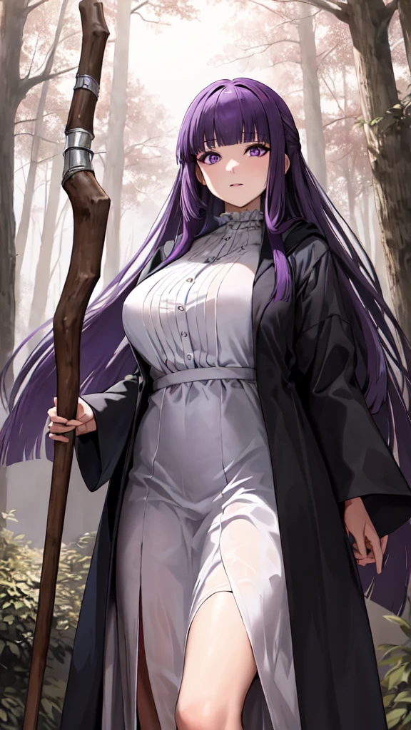 masterpiece, Highest quality, High resolution, Arfern, Long Hair, Purple Hair, Blunt bangs, Purple eyes, Large Breasts, Long dress, White Dress, Black Robe, Long sleeve, Are standing, holding staff, forest, Cowboy Shot,