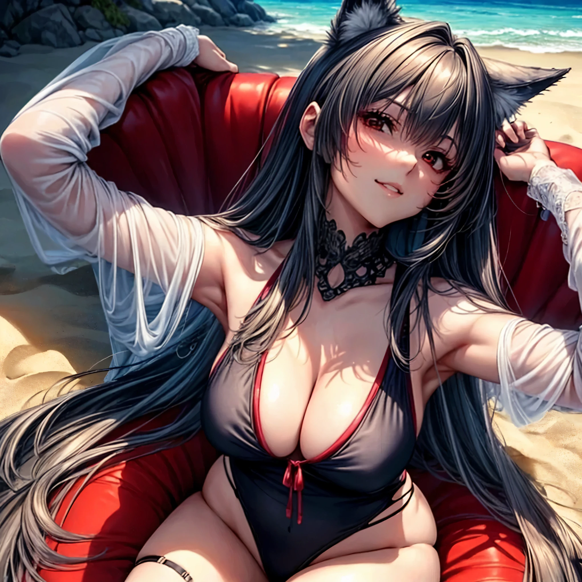 top-quality、tmasterpiece、Very high resolution、super high image quality、High-quality pixels)、perfect eyes, perfect face, perfect body figure,solo,8K, large breast,(Detailed description of hair), (Detailed description of face),(Detailed description of body), fair and clear skin, matchless beauty, long legged, short darkk grey hair details expressed, The details have been upgraded,opaque red eyeball color,model posture,middle shot,holiday atmosphere,sunglasses,wolf ears,one dark grey wolf tail,swimsuit,ssmile,lying on the beach seat