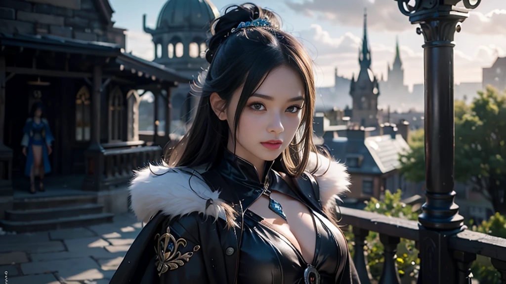 Female Mage Close-up, Girl in robe, 2. 5D CGI anime fantasy artwork, Large Breasts，Epic fantasy digital art style, detailed Digital 2D fantasy art, Digital 2D fantasy art, Gorgeous female mage,Looking at the camera，（glowing magic：1.7） Role Playing Game Character Art, Beautiful female mage, Fantasy Character Art, Epic and beautiful character art, Beautiful female mage，（Edinburgh Street：1.8），light rain，Medium and long range lenses，Looking at the camera