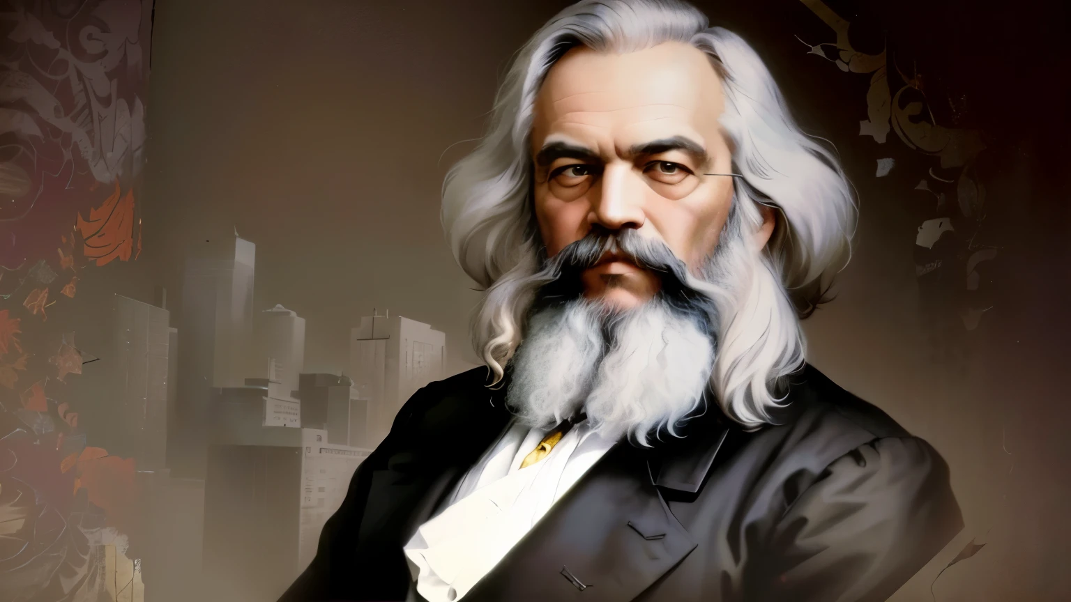 Poster representing Karl Marx, in the maximalist style, American iconography, black arts movement, mixed patterns, kodak gold 200, frogcore, vibrant colors, hdr, lithography, [16:9]