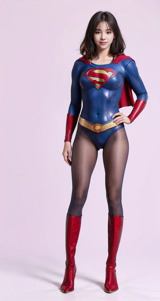 No background、(((Beautiful legs in black tights.)))、(((Legally express the beauty of your smile)))、((((Make the most of your original images)))、(((Supergirl Costume)))、(((Beautiful very short hair)))、(((suffering)))、(((Please wear black tights....、Wear red boots)))、((Best image quality、8K))、((Highest quality、8K、masterpiece:1.3))、(((Preserve background )))、Sharp focus:1.2、Beautiful woman with perfect figure:1.4、Slim Abs:1.2、Wet body:1.5、Highly detailed face and skin texture、8K