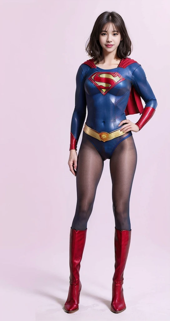 No background、(((Beautiful legs in black tights.)))、(((Legally express the beauty of your smile)))、((((Make the most of your original images)))、(((Supergirl Costume)))、(((Beautiful very short hair)))、(((suffering)))、(((Please wear black tights....、Wear red boots)))、((Best image quality、8K))、((Highest quality、8K、masterpiece:1.3))、(((Preserve background )))、Sharp focus:1.2、Beautiful woman with perfect figure:1.4、Slim Abs:1.2、Wet body:1.5、Highly detailed face and skin texture、8K