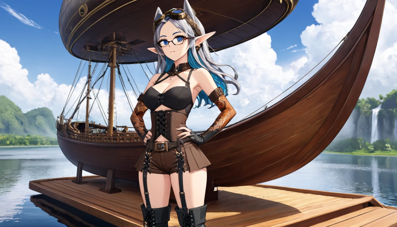 Masterpiece, high quality, illustration, extremely detailed, CG 8k unit, Dirigible, wind effects, 1_Women, whole body, standing on the deck of the wooden boat, clouds, lake, (exotic skin_complexion:1.4),maduro, statuary, high, beautiful, exotic, with long elf ears, looking to the side, two tone hair, long silver hair with Blue hair underneath, detailed face with diamond shaped eyes, (Blue_eyes), (dark_eyeliner), long_medium lashes_bust, airtight_gap, wearing steampunk corsé, chest window, brown shorts, cross belts, (glasses on head), red tinted glasses lenses, long fingerless_gloves, belts with metal gears, brown half skirt, hands on the hips, black airtight highs with embroidery, lace-up knee-high boots, Dynamic lighting casts detailed shadows., by canon dos, SIGMA 35mm F1 Art Lens.4, iso 100 shutter speed 2000, perfect hands,