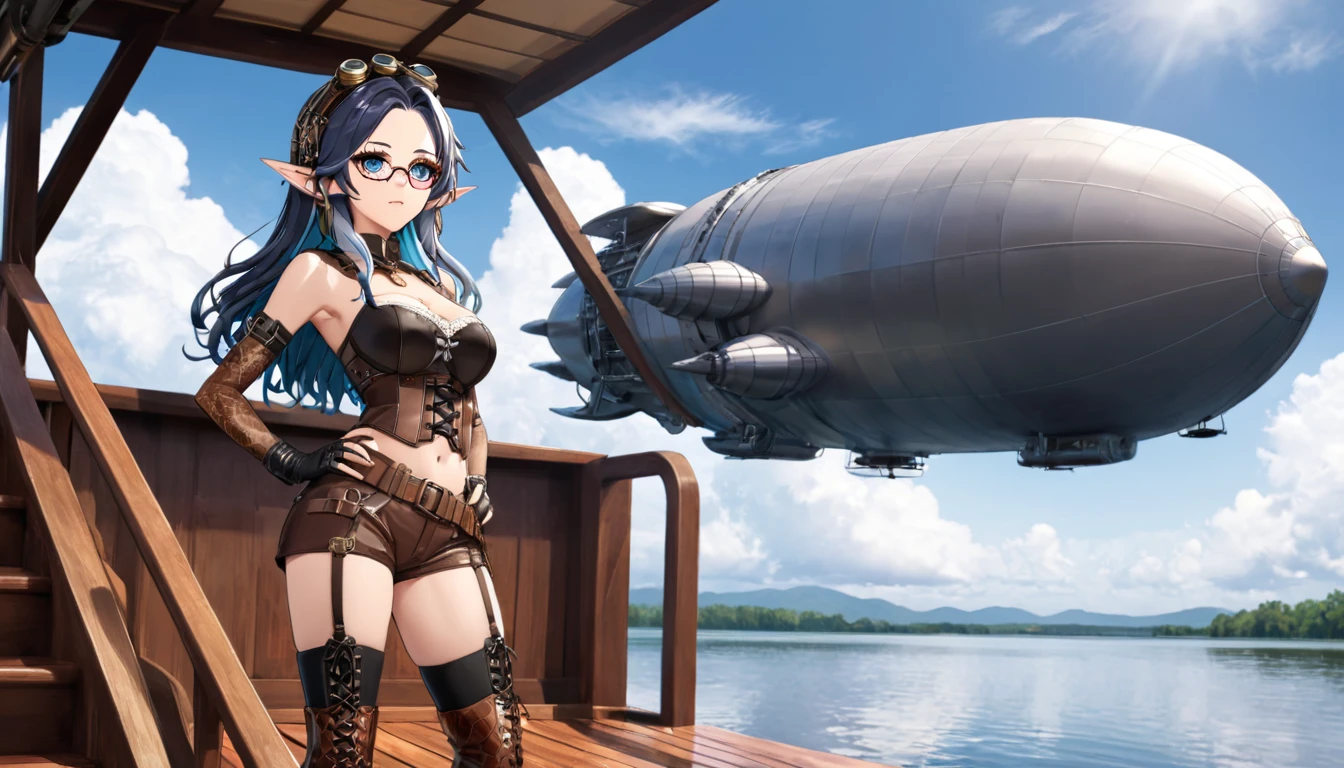 Masterpiece, high quality, illustration, extremely detailed, CG 8k unit, Dirigible, wind effects, 1_Women, whole body, standing on the deck of the wooden boat, clouds, lake, (exotic skin_complexion:1.4),maduro, statuary, high, beautiful, exotic, with long elf ears, looking to the side, two tone hair, long silver hair with Blue hair underneath, detailed face with diamond shaped eyes, (Blue_eyes), (dark_eyeliner), long_medium lashes_bust, airtight_gap, wearing steampunk corsé, chest window, brown shorts, cross belts, (glasses on head), red tinted glasses lenses, long fingerless_gloves, belts with metal gears, brown half skirt, hands on the hips, black airtight highs with embroidery, lace-up knee-high boots, Dynamic lighting casts detailed shadows., by canon dos, SIGMA 35mm F1 Art Lens.4, iso 100 shutter speed 2000, perfect hands,