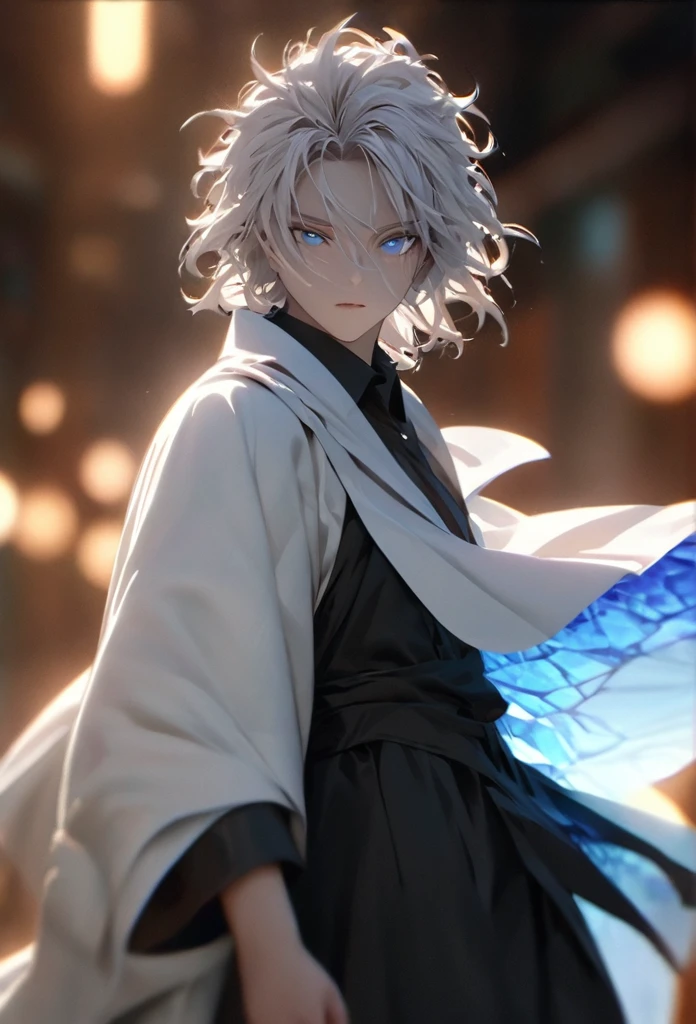 (solo), white hair, messy hair, mane hair, short hair, dense hair, wild hair, expressive hair, mature,(25 year old), pale skin, blue eyes, ((male)), wearing a black dress shirt, wearing a white cloak,, rolled up sleeves, handsome, attractive, eye reflection, depth of field, blue thunder aura, blue cinematic lighting, blue ray tracing, depth of field, cinematic lighting, blue ray tracing, UHD, high details, best quality, highres, high quality, award winning, super detail, masterpiece, 8k, UHD, high details, best quality, highres, high quality, award winning, super detail, masterpiece, 8k, digital art, anime coloring, full body shot, body shot, In a fighting position, Hand to hand combat, good face, perfect face, detailed face, good eyes, looking towards the screen.