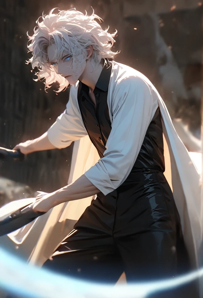 (solo), white hair, messy hair, mane hair, short hair, dense hair, wild hair, expressive hair, mature,(25 year old), pale skin, blue eyes, ((male)), wearing a black dress shirt, wearing a white cloak,, rolled up sleeves, handsome, attractive, eye reflection, depth of field, blue thunder aura, blue cinematic lighting, blue ray tracing, depth of field, cinematic lighting, blue ray tracing, UHD, high details, best quality, highres, high quality, award winning, super detail, masterpiece, 8k, UHD, high details, best quality, highres, high quality, award winning, super detail, masterpiece, 8k, digital art, anime coloring, full body shot, body shot, In a fighting position, Hand to hand combat, good face, perfect face, detailed face, good eyes, looking towards the screen.