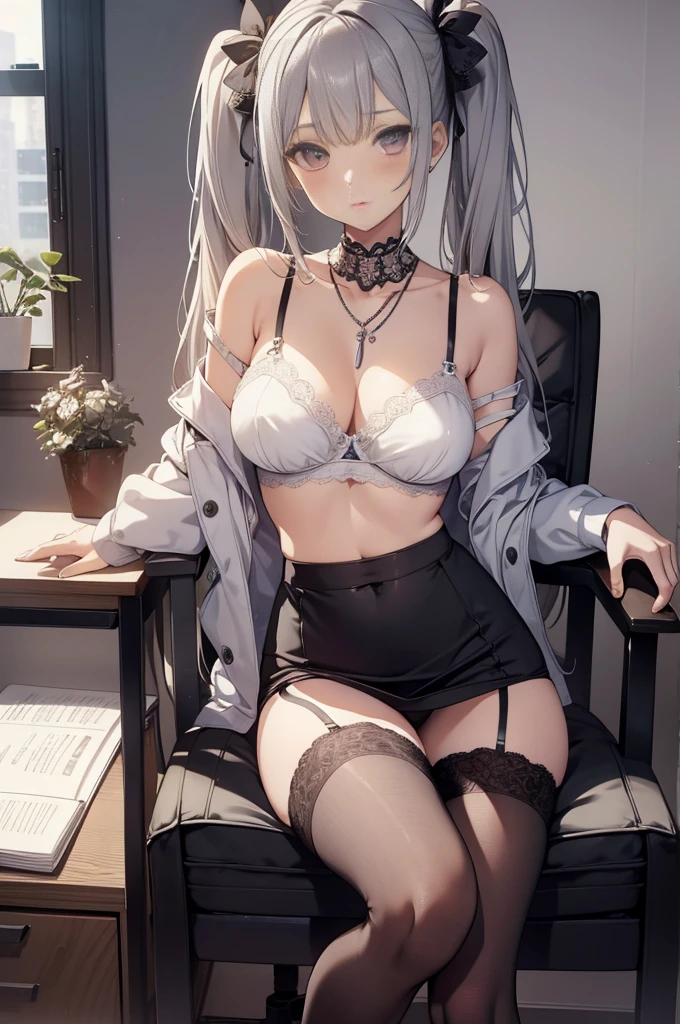 masterpiece, Highest quality, pretty girl,Gray Hair,Small breasts, skinny,hair ornaments, Twin tails,Large areola,Erect nipples,Big panties,blouse,,Lace pattern stockings, necklace, skinny ,,((Showing panties)),Office worker sitting on a chair,Long pencil skirt