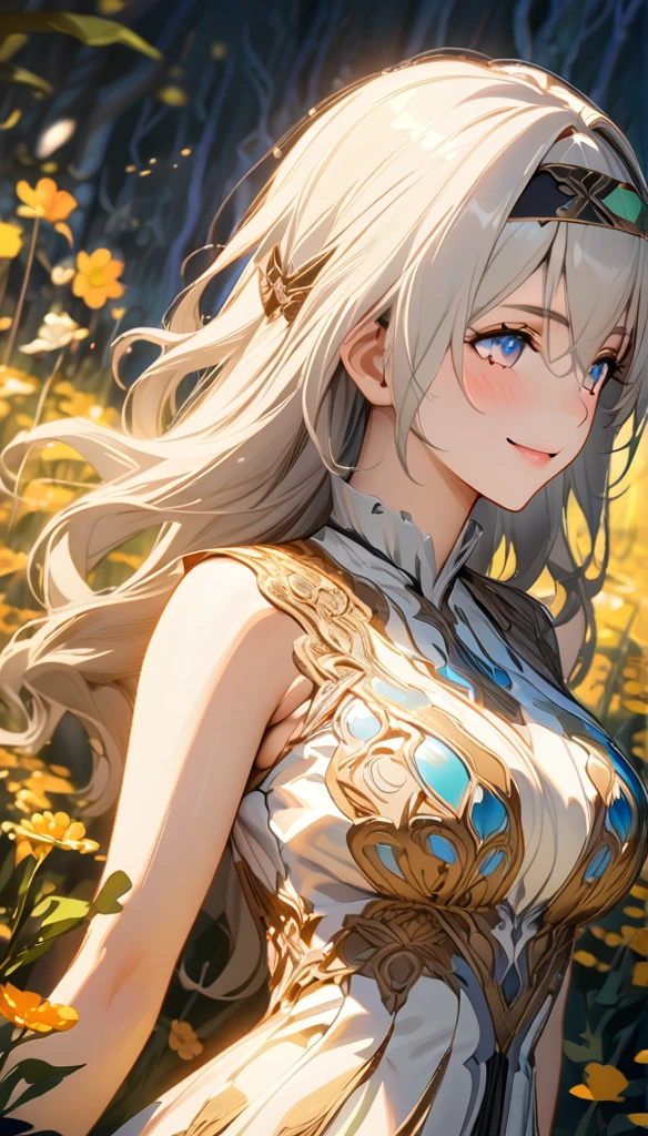 beautiful girl, long grey hair, beautiful face,smiling,close up to hips, beautiful breast, in the middle of flowers field, (open mouth:0.4),illustration,detailed textures(realists),ultra-detailed,portrait style,vivid colors,soft lighting, blushing, mature, hair fluttering, evening light , head band, ((half body)), cleavages, wearing intricate dress, perky. ((side profile ))