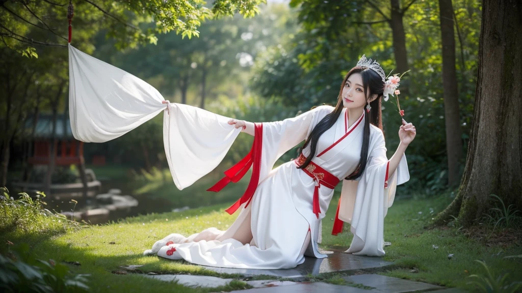 A woman in a white dress、Close up of lady wearing red ribbon, Full body fairy, palace , Girl wearing Hanfu, heise jinyao, Long flowing hair and robes, Full body martial arts, Inspired by Ma Yuanyu, Chinese Princess, Onmyoji detailed art, ((Beautiful fantasy queen))