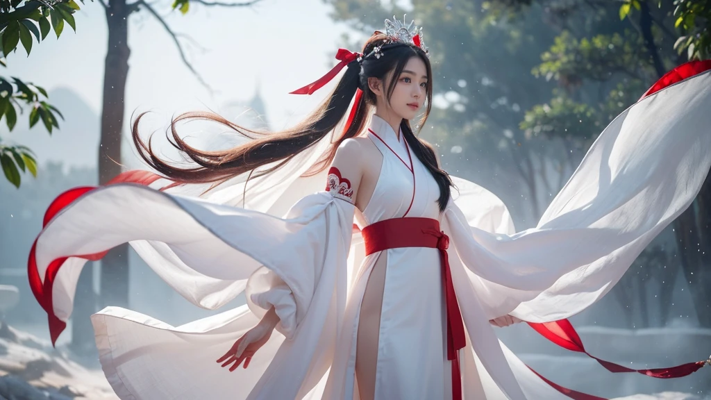 A woman in a white dress、Close up of lady wearing red ribbon, Full body fairy, palace , Girl wearing Hanfu, heise jinyao, Long flowing hair and robes, Full body martial arts, Inspired by Ma Yuanyu, Chinese Princess, Onmyoji detailed art, ((Beautiful fantasy queen))