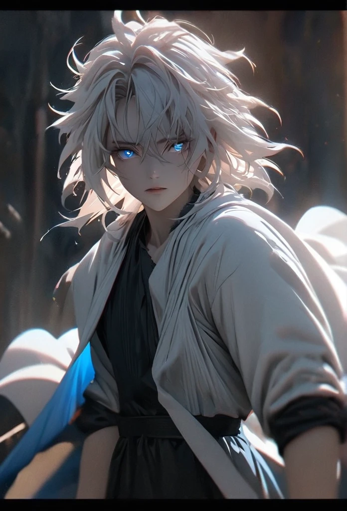 (solo), white hair, messy hair, mane hair, short hair, dense hair, wild hair, expressive hair, mature,(25 year old), pale skin, blue eyes, ((male)), wearing a black dress shirt, wearing a white cloak,, rolled up sleeves, handsome, attractive, eye reflection, depth of field, blue thunder aura, blue cinematic lighting, blue ray tracing, depth of field, cinematic lighting, blue ray tracing, UHD, high details, best quality, highres, high quality, award winning, super detail, masterpiece, 8k, UHD, high details, best quality, highres, high quality, award winning, super detail, masterpiece, 8k, digital art, anime coloring, full body shot, body shot, In a fighting position, Hand to hand combat, good face, perfect face, detailed face, good eyes, looking towards the screen.