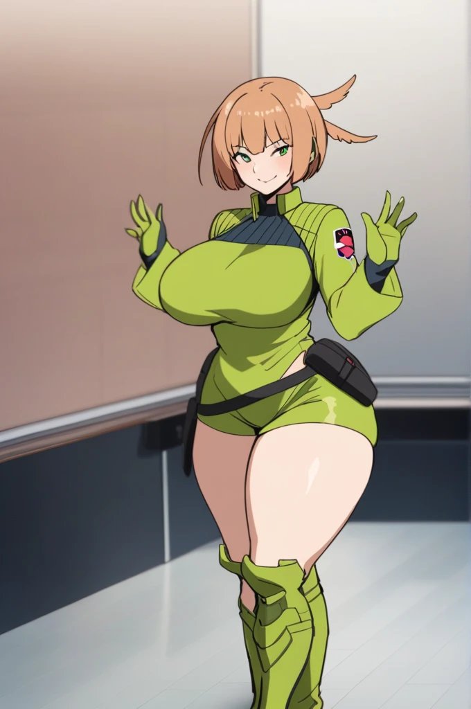 masterpiece, Highest quality, 1 person,( Large Breasts,Are standing, View your audience,),Detailed Background、A person who writes in detail、Accurate human body、Knowledgeable person、Accurate 5 fingers,Mature Woman,Thick thighs,Cruby Body,Konami,1 personの女の子,smile, View your viewers, Green jacket, gloves, Green shorts,Green footwear,