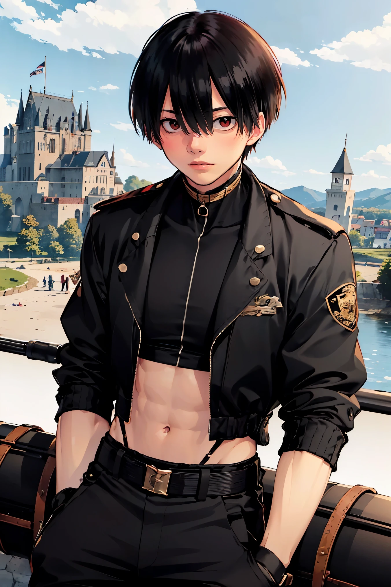 (masterpiece, best quality:1.2), rekkyou sensen,rekkyo sensen, hasuichi nishizono ,black hair, red eyes, boy, male, anime,1boy, bangs, hair between eyes, jacket, looking at viewer, male focus, short hair, solo, zipper, black , silver choker, background with((fantasy world, ruin, castle, beautiful sky, shining sky, sunshine))