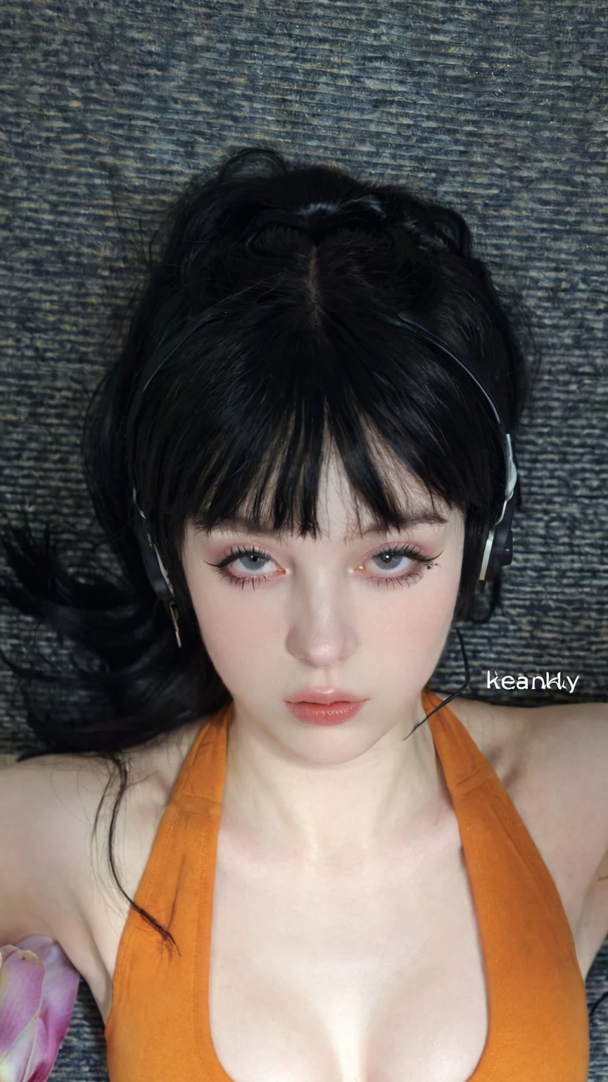 Close-up of a woman with headphones on her head, she looks like a mixture of dirt, she has black hair with bangs, very pale white skin, very very pale white skin, pale gothic beauty, looks like a mixture of dirt, with pale skin, 1 7 year old gothic girl, her face looks like an orchid