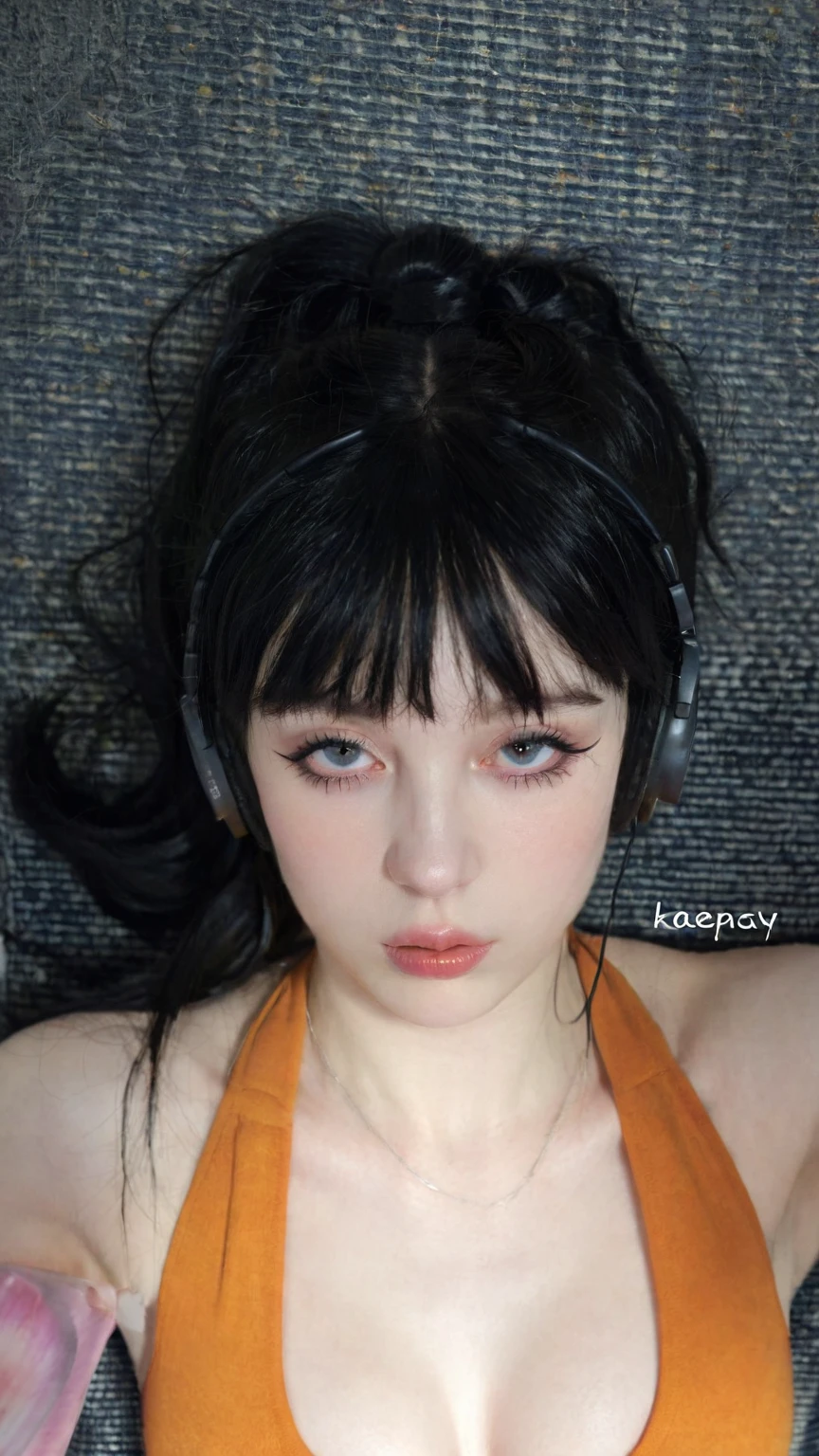 Close-up of a woman with headphones on her head, she looks like a mixture of dirt, she has black hair with bangs, very pale white skin, very very pale white skin, pale gothic beauty, looks like a mixture of dirt, with pale skin, 1 7 year old gothic girl, her face looks like an orchid