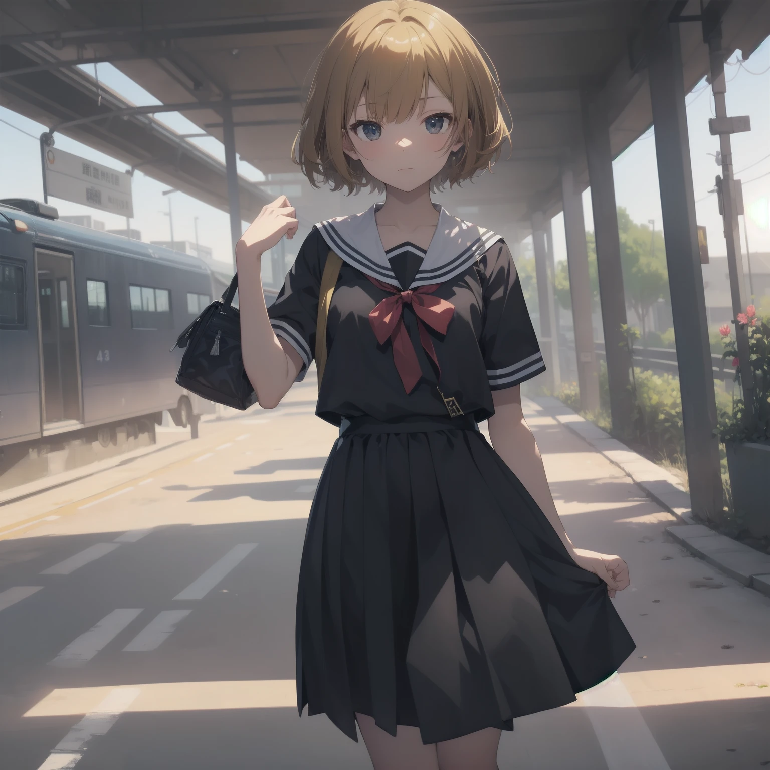 ultra-absurdres-Top quality by artist God, ultra-detailed, high resolution, anime moe artstyle, best anime 8k konachan wallpaper, pixiv contest winner, pool:2810, perfect anatomy,break, 1girl, (Please draw a girl walking sleepily to school alone. )break,(Solo,little female, 13-year-old:1.3),Full limbs, complete fingers,a junior high school student, (very short hair), short cut, flat chest, , small butt, small black eyes, beautiful detailed eyes, well-proportioned iris and pupils, expressive eyes, highres detailed hair, soft expression, salor school_uniform, sailor collar, serahuku, bow, pleated skirt,(Detailed Lighting), (Detailed background), in the School commute route. break,super detailed skin, Best cinematic lighting powered by famous artist, 8k,beauty illustration,photoshop_(medium),very aesthetic,break,((artist:saiguchi_otoufu )), artist:clamp ,artist:carnelian ,artist:kantoku ,