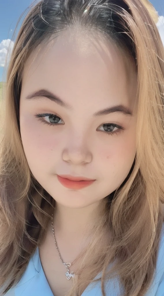 ((Realistic lighting, best qualtiy, 8K, tmasterpiece:1.3)), sharp focus:1.2, 1girll,petty face，skinny and thin， Beautiful Women with Perfect Figure:1.4, , ((Reddish brown hair)), (sheer camisole top, sheer mini skirt)，Ultra-fine face，Fine eyes，double eyelid，with blue sky and white clouds，In the vast steppe sky road。