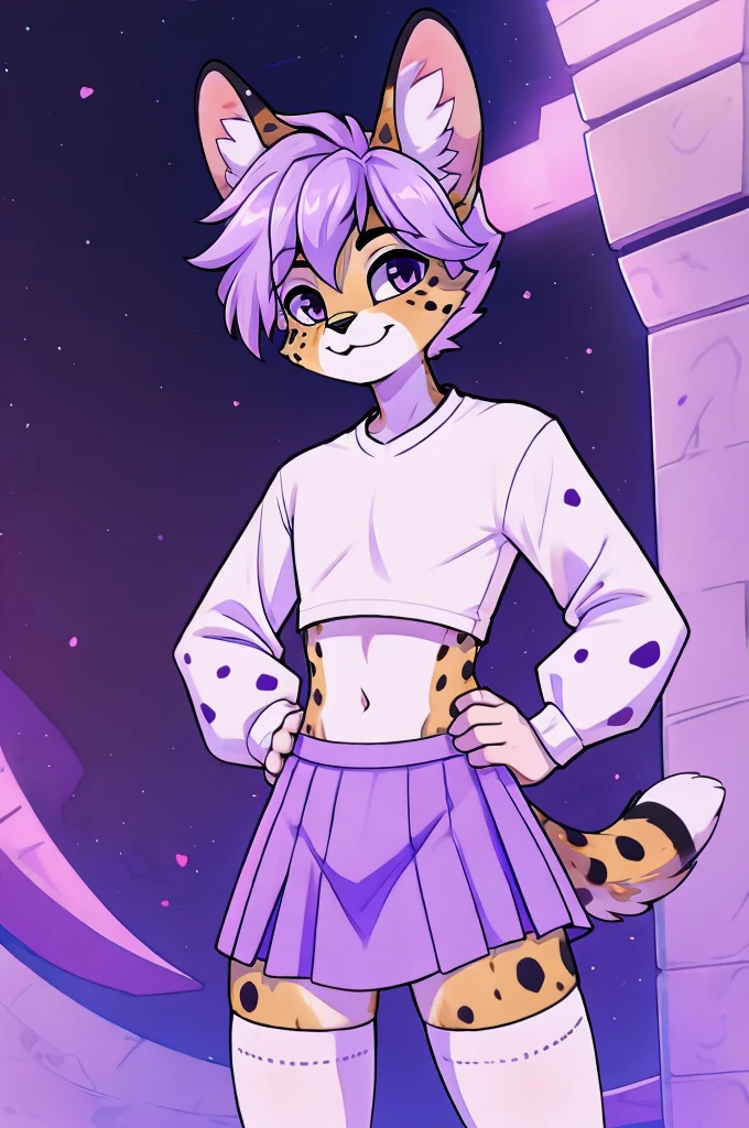 male anthro furry, teenage boy, femboy, serval, lavender colored skirt, white thigh high socks, white long-sleeve crop top, cute pose, smiling, light purple hair with black spots, hands on hips, cute smirk on face