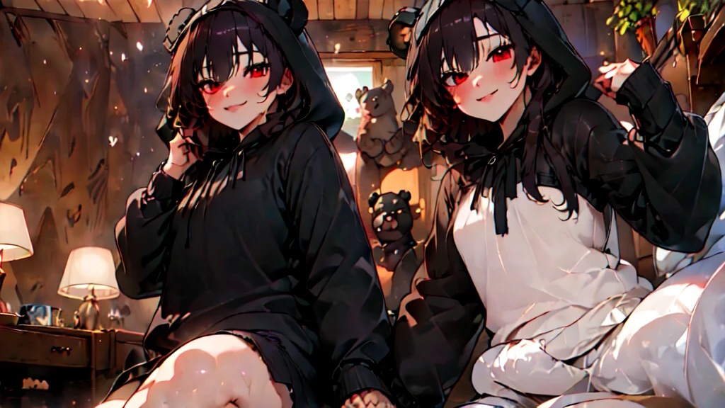 beautiful couple of man and woman, (Masterpiece), Best Quality, (extremely detailed face), extremely detailed eyes, perfect lighting, General detail,(junkotvv) detailed, deep skin,textured skin,
,Bear costume ,black Bear costume, long sleeves, hood up,,mauve , long black fur, Red eyes, big smile,in bed ,sitting between pillows, with a bucket of Popcorn, a television in front
,