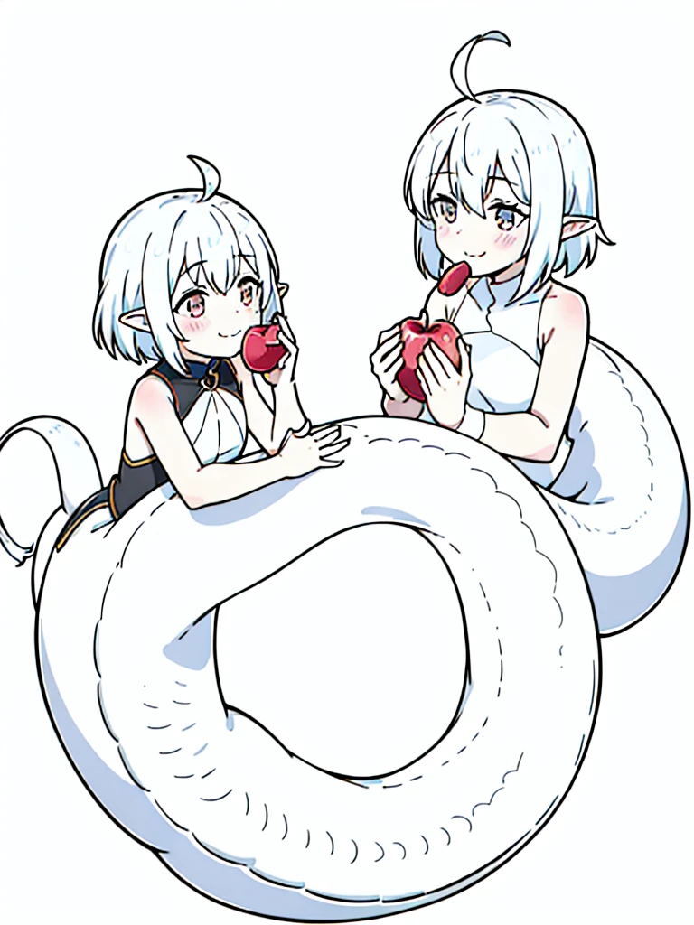 1girl,9s,kid,smile,short hair,white hair,ahoge,lamia tail,white lamia tail,(white background),pointy ears,sleeveless,happy,cute,blush,eating a apple,portrait