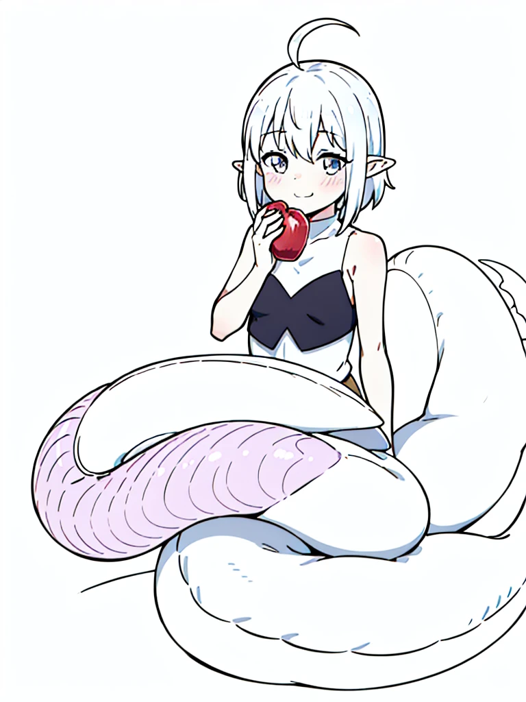 1girl,9s,kid,smile,short hair,white hair,ahoge,lamia tail,white lamia tail,(white background),pointy ears,sleeveless,happy,cute,blush,eating a apple,portrait