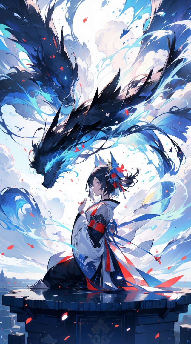 anime figure,Has black wings and blue skirt,Kneeling and sitting on white surface, looking at viewert, in a panoramic view, Faraway view, Starting from the night of the ark, Popular topics on artstation pixiv, arknight, Digital art on Pixiv, (white backgrounid), onmyoji detailed art, Japanese anime fantasy illustration, author:heroes, Anime art wallpaper 8 K, sky witch, Pixiv style, Anime art wallpaper 4k, Anime art wallpaper 4k, minimum, Tiny,