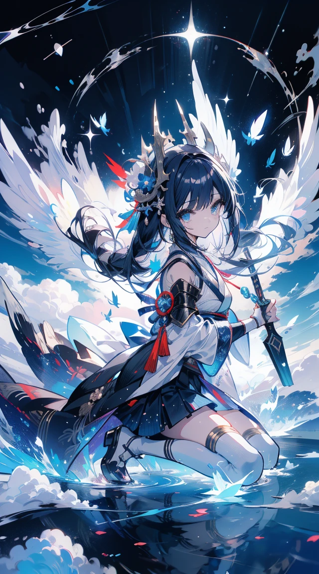 anime figure,Has black wings and blue skirt,Kneeling and sitting on white surface, looking at viewert, in a panoramic view, Faraway view, Starting from the night of the ark, Popular topics on artstation pixiv, arknight, Digital art on Pixiv, (white backgrounid), onmyoji detailed art, Japanese anime fantasy illustration, author:heroes, Anime art wallpaper 8 K, sky witch, Pixiv style, Anime art wallpaper 4k, Anime art wallpaper 4k, minimum, Tiny,