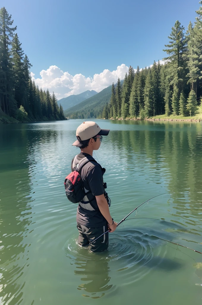 Make a person fishing in the lake