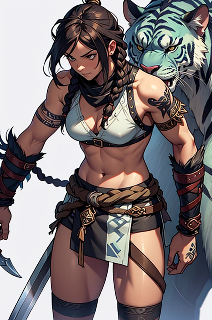 Smilodon companion, loincloth, chestplate, barbarian, greatsword, wild woman, tribal, tattoed, long dreadlock