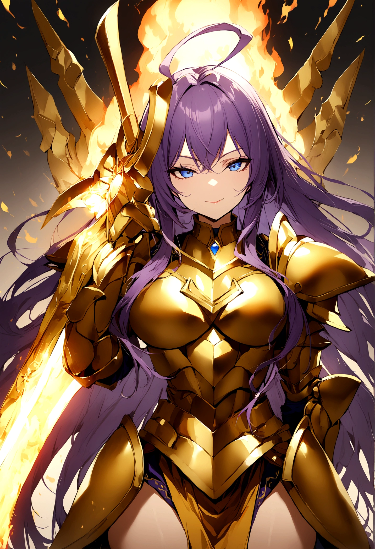 1girl, gold armor, long hair, purple hair, huge ahoge, blue eyes, seductive smile, glowing gold sword,