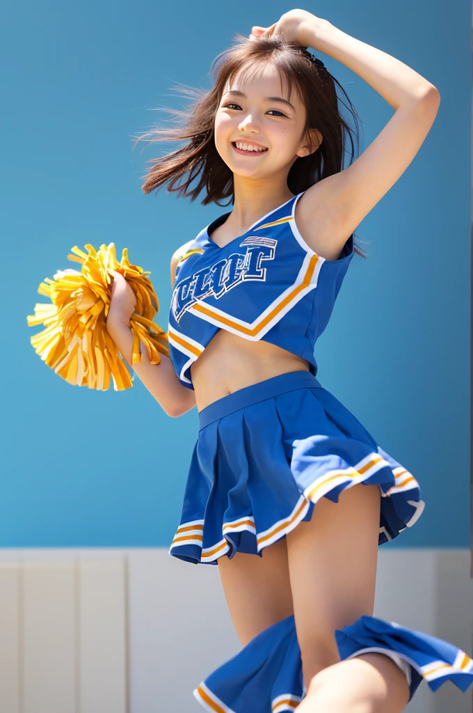 (((top-quality, 8K, photographrealistic:1.4, ​masterpiece, realistic, photographic, photo))), Back light, Highly detailed facial texture girl, 18years old, childlike, (((Blue Cheerleader:1.2))), ((Bathroom Background:1.2)), with arms up, A smile, open mouth, blown hair and short hair, Parted sleeves, bare shoulders​, Center opening, flat chest, AAA cup, ribbon, cute, beautiful, sexy navel, detail, jumping girl, having pompon, short arm