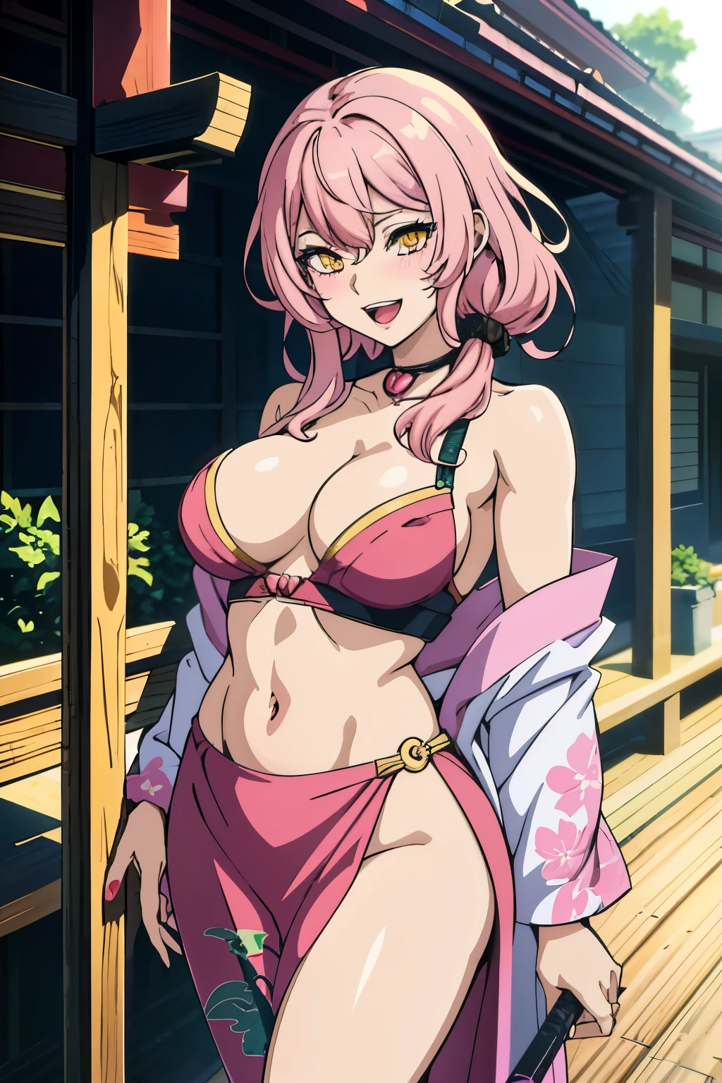 1girl, long hair, pink hair, multicolored hair, yellow eyes, blush, lipstick, masterpiece, best quality, highly detailed, a anime girls in kimono dress with a sword posing for a
picture, bare shoulder,open kimono, evil smile, open mouth, crop top , (nsfw) not safe for work, smile,
ecchi anime style, anime girls, ecchi style, ecchi, digital anime art!!, in anime style, official artwork, visual
novel cg, beautiful anime girl, anime style 4 k, kimono pencil skirt, exposed belly, exposed navel,
exposed midriff, exposed lower belly, outdoor, japanese architecture, temple