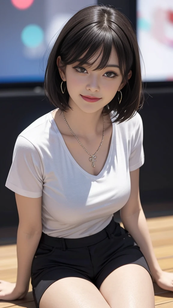 8K,(RAW photos),(best quality), (Photo-realistic:1.4),Realistic skin texture 1girl,Lovely,Double eyelids,Bangs,whole body,,Thin legs,(fit),Slim,Smile,short hair,earrings,necklace,Watch and look at the audience,Face Focus,Depth of Field,club ,(Chest close-up:1),Bokeh,,Light T-shirt,Black shorts