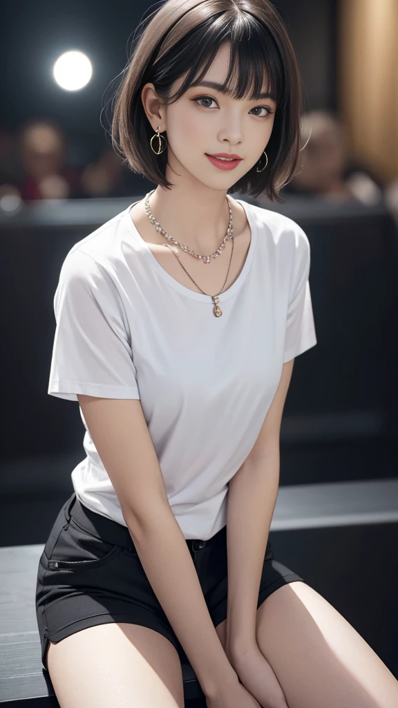 8K,(RAW photos),(best quality), (Photo-realistic:1.4),Realistic skin texture 1girl,Lovely,Double eyelids,Bangs,whole body,,Thin legs,(fit),Slim,Smile,short hair,earrings,necklace,Watch and look at the audience,Face Focus,Depth of Field,club ,(Chest close-up:1),Bokeh,,Light T-shirt，Black shorts