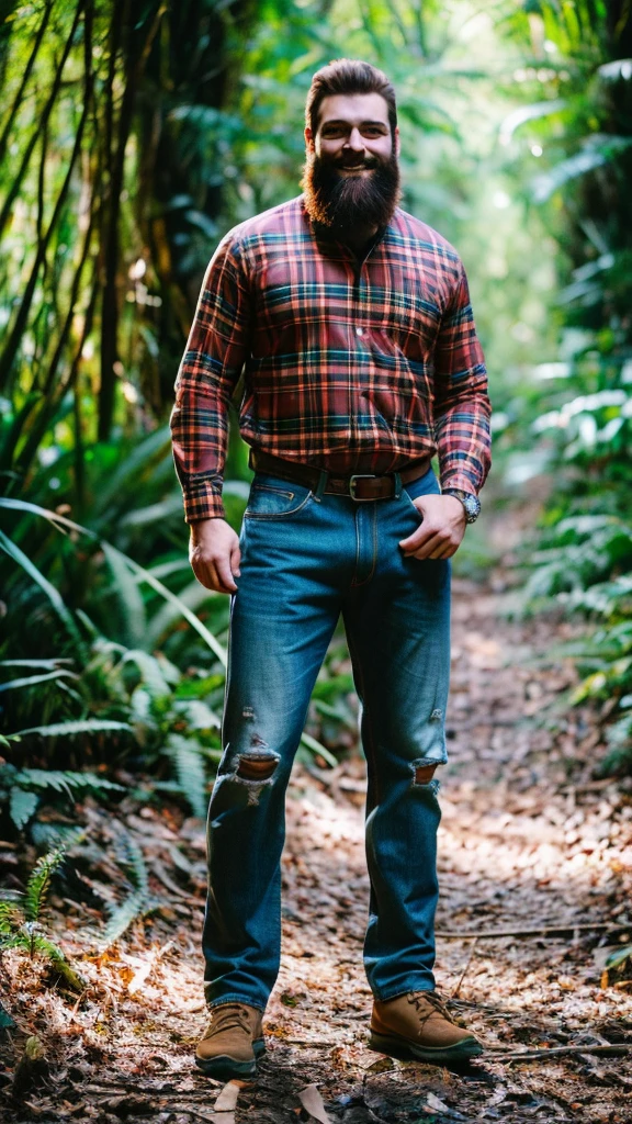 lumberjack with a large beard, well-cut hair with white streaks, wearing a long-sleeved red plaid shirt, ripped jeans, full body, crouched, looking forward, smiling, in a paradisiacal forest. high definition photo, 8K image, kodak, Nikon.